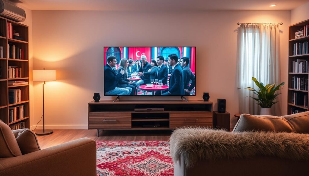A cozy living room interior with a large flat-screen TV on a sleek wooden entertainment center. The room is bathed in warm, soft lighting, creating a inviting and relaxing atmosphere. On the TV screen, a vibrant Turkish drama series plays, capturing the viewer's attention. In the foreground, a comfortable armchair and a plush, colorful rug add to the homely feel. Bookshelves line the walls, hinting at the owner's diverse interests. The overall scene conveys a sense of comfort, escapism and the joy of freely enjoying Turkish television series from the comfort of one's own home.