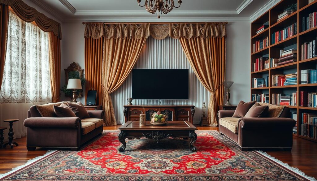 A cozy living room setting featuring an elegant Turkish-inspired decor. In the foreground, an ornate Turkish rug covers the hardwood floor, its intricate patterns and vibrant colors capturing the essence of Turkish textile artistry. Arranged atop the rug are several plush, jewel-toned pillows and a low, carved wooden coffee table. The middle ground showcases a large, ornate flatscreen television framed by delicate, lace-patterned curtains in shades of gold and burgundy, creating a warm, inviting ambiance. In the background, floor-to-ceiling bookshelves line the walls, their shelves displaying an array of Turkish novels and publications, hinting at the rich cultural heritage. Soft, diffused lighting filters through the room, casting a cozy, atmospheric glow that enhances the overall Turkish-inspired aesthetic. A cozy living room setting featuring an elegant Turkish-inspired decor. In the foreground, an ornate Turkish rug covers the hardwood floor, its intricate patterns and vibrant colors capturing the essence of Turkish textile artistry. Arranged atop the rug are several plush, jewel-toned pillows and a low, carved wooden coffee table. The middle ground showcases a large, ornate flatscreen television framed by delicate, lace-patterned curtains in shades of gold and burgundy, creating a warm, inviting ambiance. In the background, floor-to-ceiling bookshelves line the walls, their shelves displaying an array of Turkish novels and publications, hinting at the rich cultural heritage. Soft, diffused lighting filters through the room, casting a cozy, atmospheric glow that enhances the overall Turkish-inspired aesthetic.