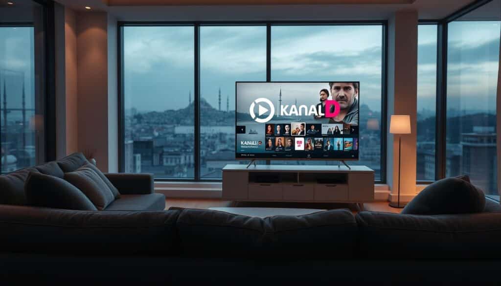 A cozy living room setting with a plush, charcoal gray sofa facing a modern, minimalist TV stand. On the stand, a sleek, silver-framed smart TV displays the Kanal D logo, its interface showcasing Turkish drama series. Soft, ambient lighting fills the space, creating a warm, inviting atmosphere. Through large windows, a cityscape of Istanbul's iconic skyline can be seen in the background. The composition emphasizes the user's comfort and immersion in the Kanal D streaming experience, reflecting the section title "Experiência do Usuário no Kanal D". A cozy living room setting with a plush, charcoal gray sofa facing a modern, minimalist TV stand. On the stand, a sleek, silver-framed smart TV displays the Kanal D logo, its interface showcasing Turkish drama series. Soft, ambient lighting fills the space, creating a warm, inviting atmosphere. Through large windows, a cityscape of Istanbul's iconic skyline can be seen in the background. The composition emphasizes the user's comfort and immersion in the Kanal D streaming experience, reflecting the section title "Experiência do Usuário no Kanal D".