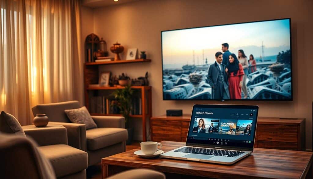 A cozy living room with a large flatscreen TV on the wall, displaying a captivating Turkish drama. In the foreground, a plush armchair and a side table with a cup of steaming tea. Warm, golden lighting filters through sheer curtains, creating a comforting atmosphere. In the middle ground, a laptop open on a wooden coffee table, showcasing a streaming platform with the Turkish novela playing, hinting at the viewer's ability to watch without paying. The background features bookshelves filled with cultural artifacts, creating a sense of an international, well-traveled home. The overall scene conveys the idea of effortlessly enjoying Turkish television shows from the comfort of one's own living space. A cozy living room with a large flatscreen TV on the wall, displaying a captivating Turkish drama. In the foreground, a plush armchair and a side table with a cup of steaming tea. Warm, golden lighting filters through sheer curtains, creating a comforting atmosphere. In the middle ground, a laptop open on a wooden coffee table, showcasing a streaming platform with the Turkish novela playing, hinting at the viewer's ability to watch without paying. The background features bookshelves filled with cultural artifacts, creating a sense of an international, well-traveled home. The overall scene conveys the idea of effortlessly enjoying Turkish television shows from the comfort of one's own living space.