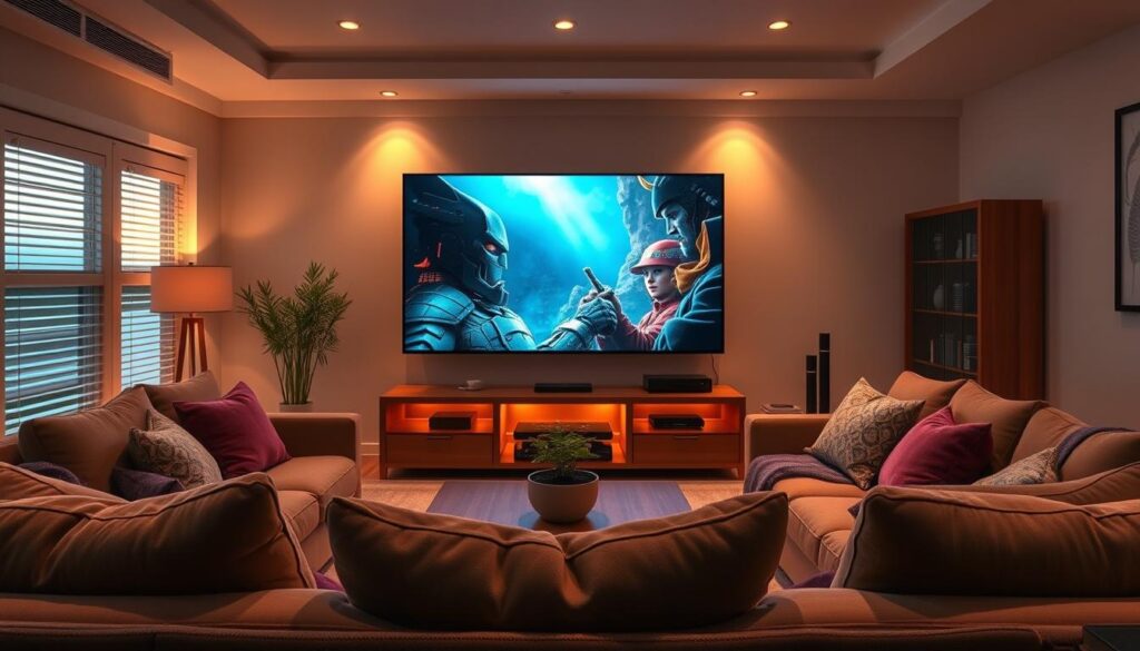 A cozy living room with a large, high-definition TV screen taking center stage. The screen displays a movie in vibrant, lifelike colors, drawing the viewer's attention. Plush, comfortable seating surrounds the TV, inviting the viewer to settle in and immerse themselves in the cinematic experience. Soft, warm lighting illuminates the space, creating a relaxed and inviting atmosphere. The room is adorned with modern, minimalist décor, highlighting the focus on the entertainment experience. The overall scene conveys a sense of convenience, accessibility, and the joy of effortlessly watching high-quality films in the comfort of one's own home.