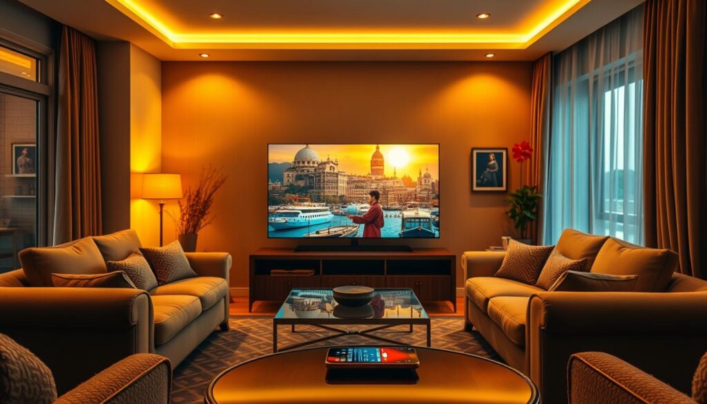 A serene living room with a large flatscreen TV in the center, surrounded by comfortable sofas and armchairs. The room is bathed in warm, golden lighting, creating a cozy and inviting atmosphere. On the TV screen, a vibrant, visually stunning Turkish drama plays, captivating the viewer. In the foreground, a smartphone or tablet rests on a side table, hinting at the digital accessibility of these Turkish TV series. The overall scene conveys the ease and enjoyment of watching high-quality Turkish dramas from the comfort of one's own home, without the need for paid subscriptions.