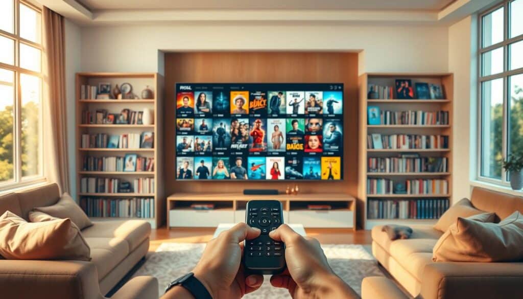 A vibrant and immersive film streaming experience. A well-lit, modern living room with plush, comfortable furniture. A large, high-definition television screen dominates the center, displaying a diverse selection of movie posters and thumbnails. Sleek, minimalist shelves on the side walls hold a vast collection of digital movie files. Warm, natural lighting filters in through large windows, creating a cozy and inviting atmosphere. In the foreground, a person's hands holding a modern, responsive remote control, ready to seamlessly navigate the expansive online movie library. The overall scene conveys a sense of effortless entertainment, cinematic immersion, and the convenience of accessing a world of films at one's fingertips.