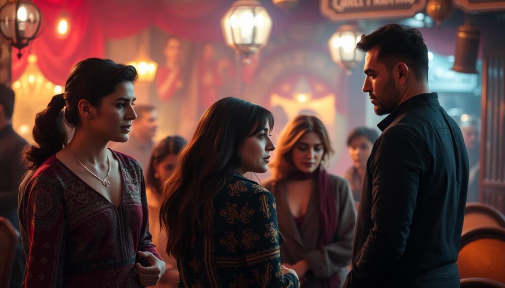 A vibrant, cinematic scene showcasing the captivating world of Turkish dramas. In the foreground, a group of characters embroiled in an intricate web of relationships, their expressions and body language conveying the emotional intensity of the narrative. The middle ground features a lush, atmospheric setting, perhaps a bustling city street or a cozy living room, meticulously detailed to immerse the viewer in the cultural fabric of the story. The background blurs softly, hinting at the broader scope of the narrative, with subtle visual cues that evoke the grand scale and cinematic grandeur of these beloved TV sagas. The lighting is warm and dramatic, casting a cinematic glow that heightens the sense of drama and captivation. The overall mood is one of captivating intrigue, drawing the viewer into the captivating "enredo" (plot) of these beloved Turkish telenovelas.