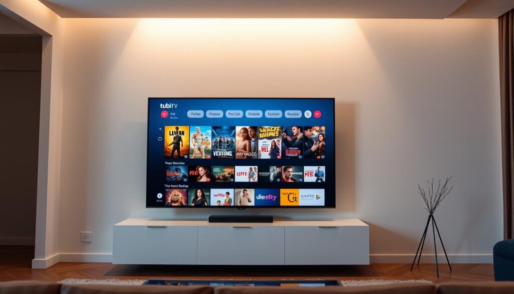 Tubi TV streaming platform displayed prominently on a sleek, modern television set, surrounded by a minimal, contemporary interior design. The TV screen shows a curated selection of movie thumbnails, conveying the vast library of free films available on the service. Soft, diffused lighting from above creates a warm, inviting atmosphere, while the layout emphasizes the simplicity and convenience of the Tubi TV experience. The scene captures the essence of a seamless, accessible, and enjoyable home entertainment solution.